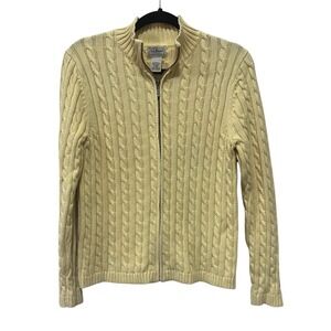 LL Bean Cable Knit Cardigan Women Medium Mock Neck Zip Yellow Fisherman A11